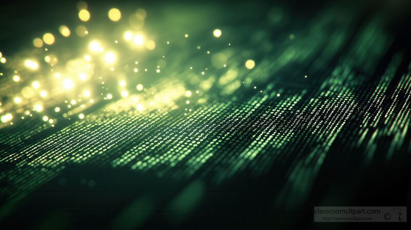 This visual features a flowing array of green binary code, interspersed with glowing sparks. It encapsulates the essence of digital technology and data representation in a sophisticated manner.