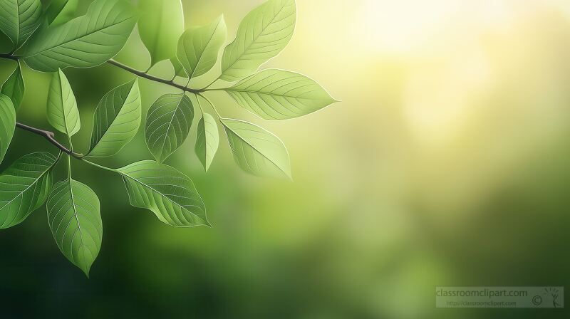 A branch of vibrant green kratom leaves is showcased against a softly blurred natural background, illuminated by gentle daylight, highlighting their rich texture and color.