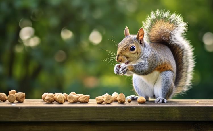 grey squirrel eating peanuts on a fence