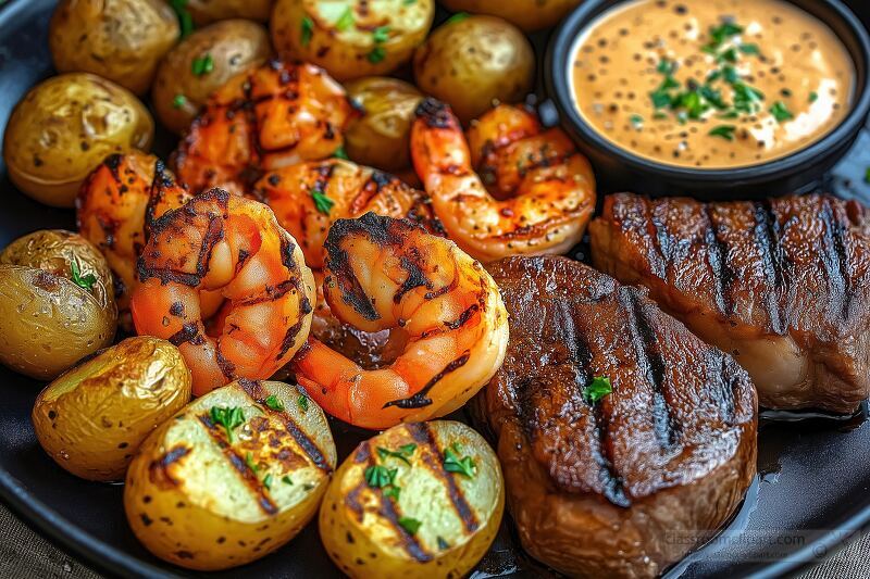 A black plate displays an enticing feast featuring golden roasted baby potatoes, succulent grilled shrimp, tender steaks with distinct grill marks, and a creamy dipping sauce sprinkled with herbs.