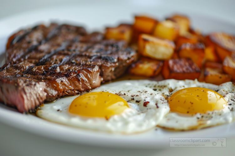 grilled steak with two fried eggs