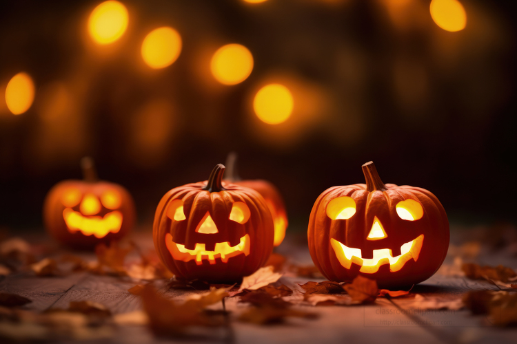 Halloween orange glowing pumpkins on a wooden table on a bokeh g