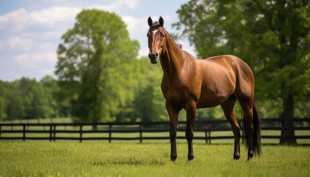 horse that is standing in the grass by a wooden fence