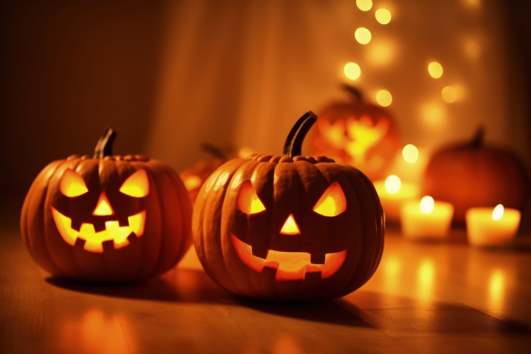 Jack o Lanterns Glowing in the Night with flickering candles