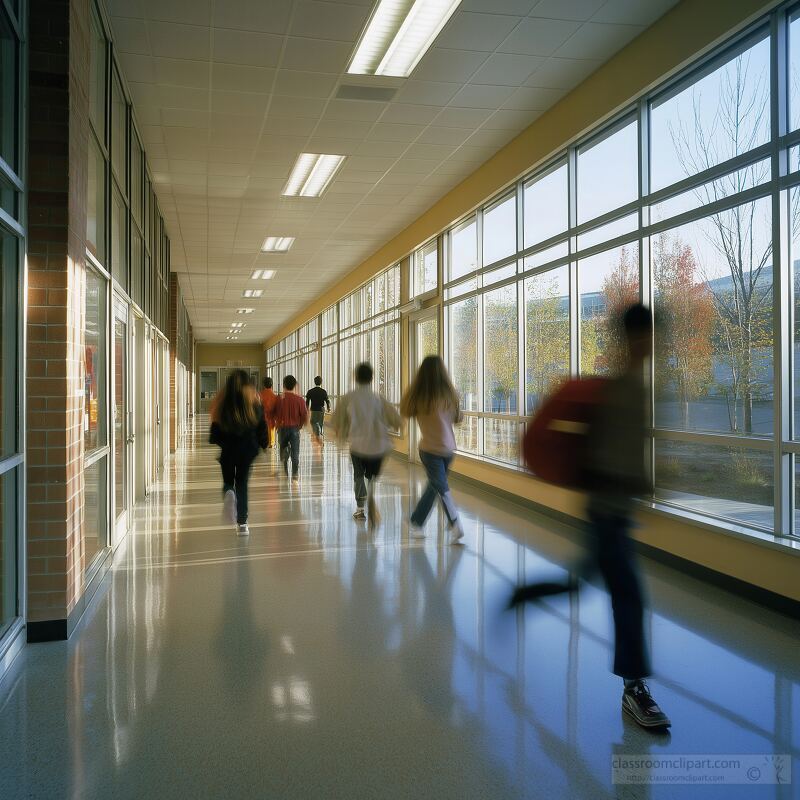 Energetic school children dash down a bright hallway in an elementary school. Windows allow natural light to fill the space, creating a lively atmosphere for learning.