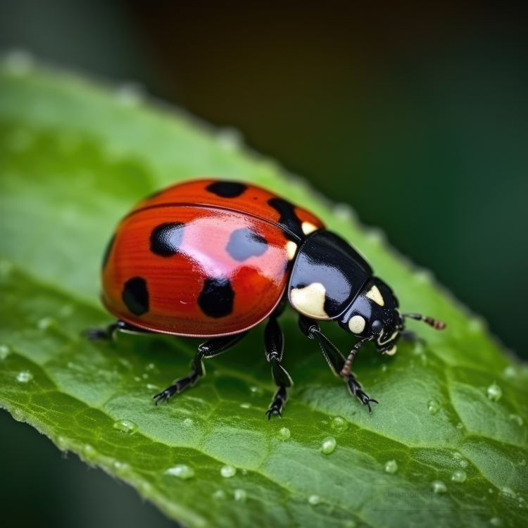 ladybug llos for food on a dew filled green leaf