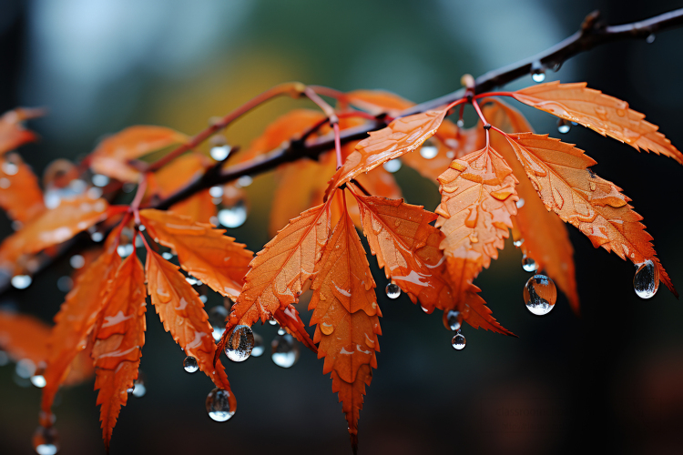 leaves on a tree branch after a gentle rain on an autumn day