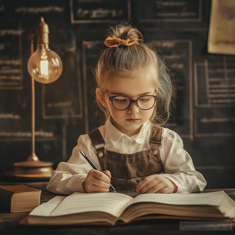 Little Student Girl Studying With Focus at School Desk