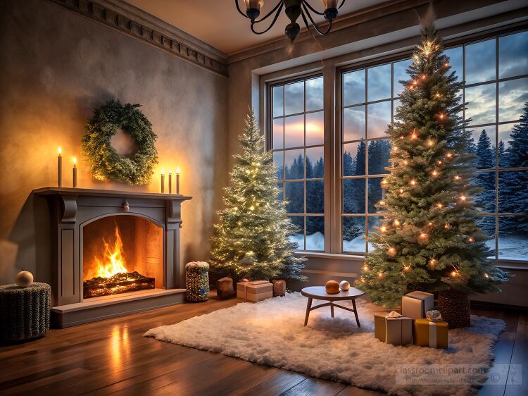 living room featuring a Christmas tree and a lit fireplace