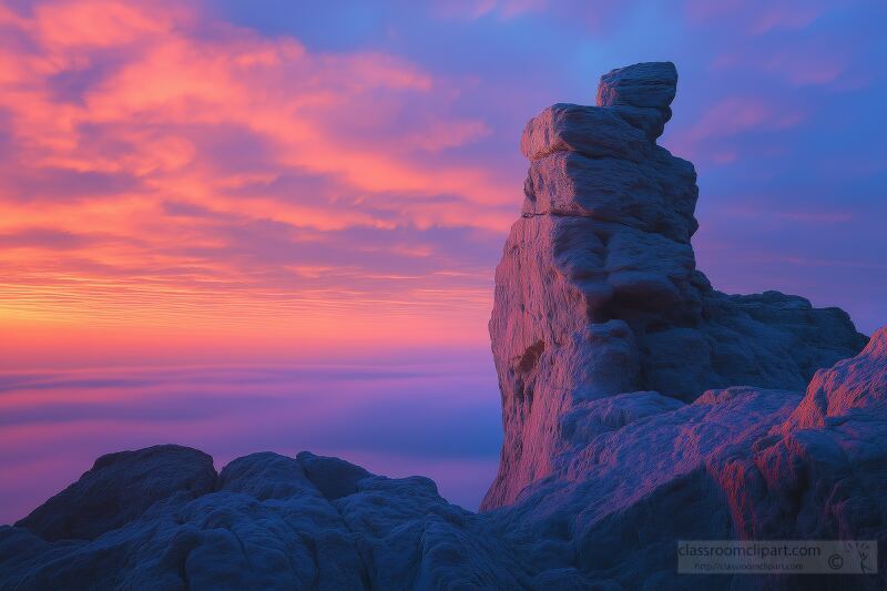 Vibrant hues of pink and purple fill the sky as the sun sets behind striking rock formations. The scene offers a tranquil ambiance with gentle clouds drifting above.