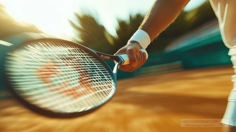 A man holds a tennis racket mid swing on a clay court, showcasing a powerful motion. The background is vibrant with natural light, emphasizing the energy of the moment.