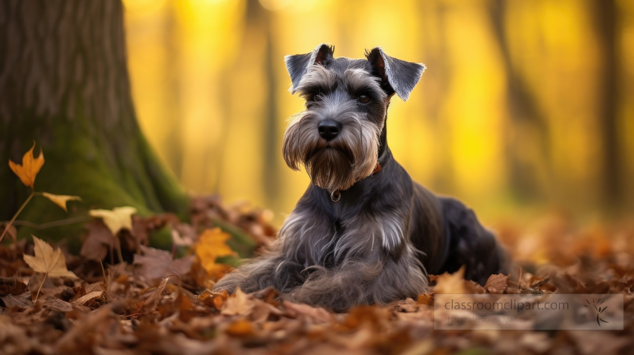 Miniature Schnauzer sits under a tree on a fall day