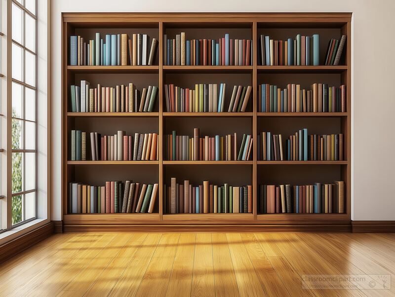 This minimalist bookshelf features a symmetrical design showcasing numerous colorful books. The wooden structure adds warmth and elegance to the spacious room with natural lighting.