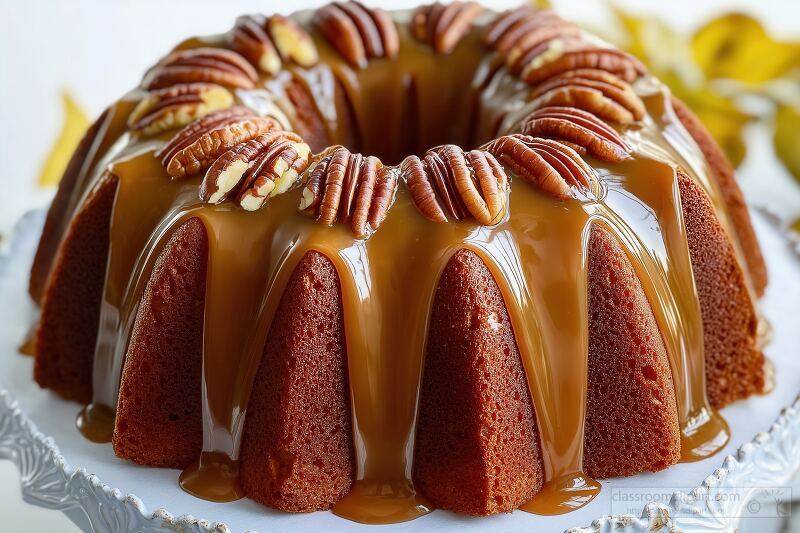 A moist bundt cake topped with a shiny caramel glaze and garnished with pecans is beautifully displayed on parchment paper. Soft natural light adds warmth to the presentation.