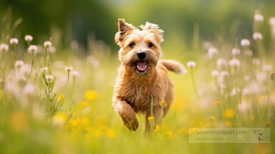 norfolk terrier Dog runs in a field