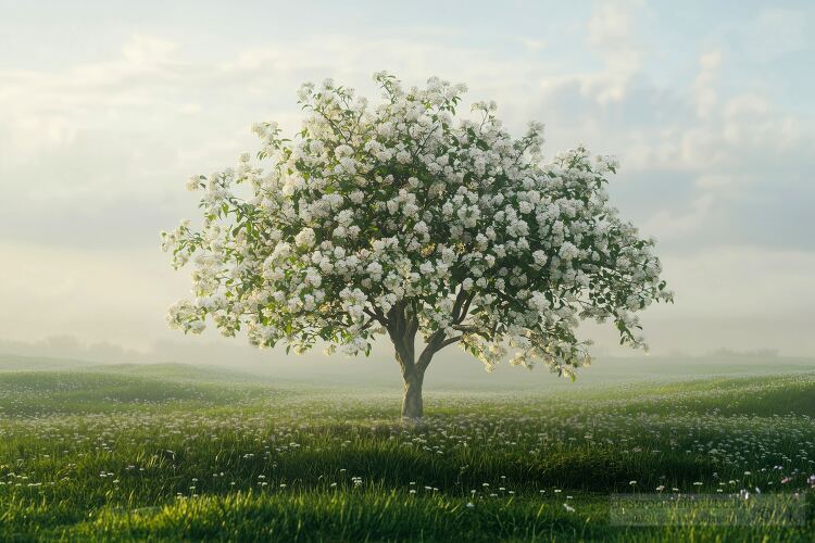 one apple tree covered in white blossoms