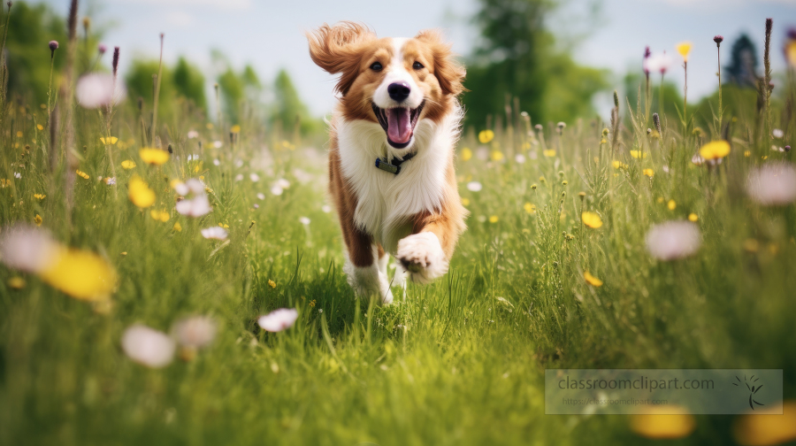 pappillion Dog runs in a filed of yellow flowers