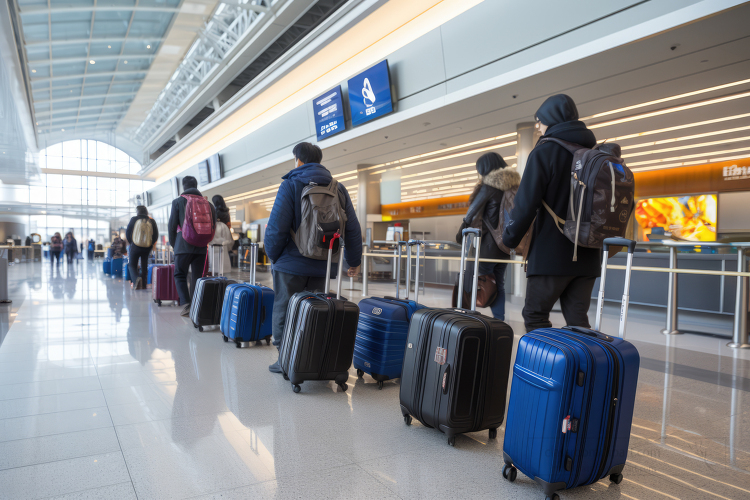 passengers with luggage standing in line at an airport passenger