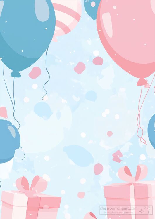 Pastel colored balloons and presents light background with confetti