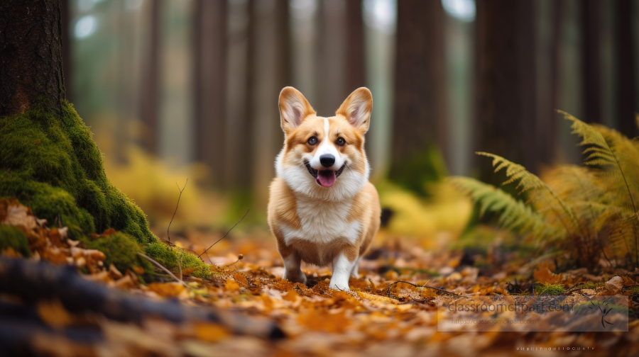 Pembroke Welsh Corgi eunning in the forest