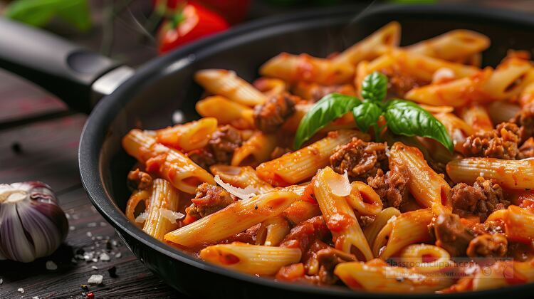 penne pasta in meat tomato sauce
