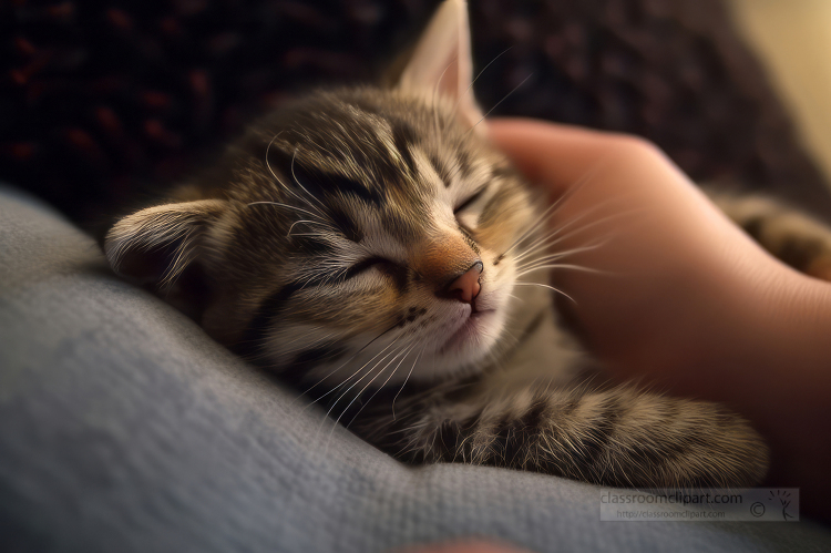 person petting a cat that is laying down