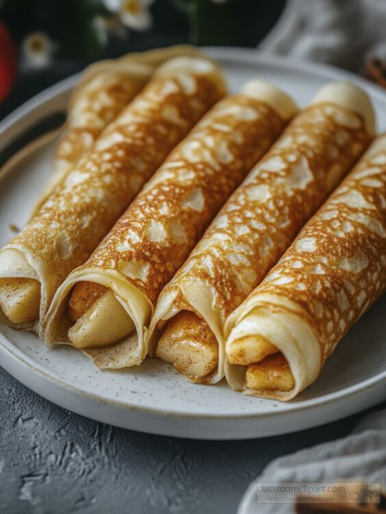 plate of four golden brown crepes filled with apple