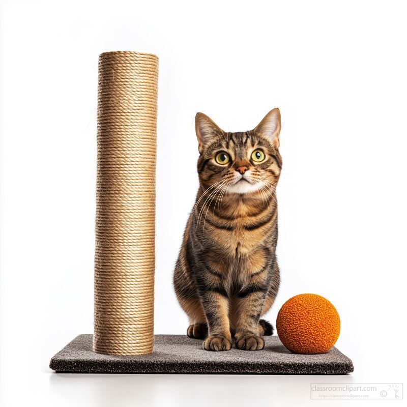 Playful tabby cat sits beside a scratching post and a vibrant orange ball in a well-lit indoor setting