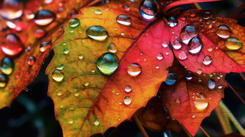 red orange green yellow Autumn leaf covered with dew