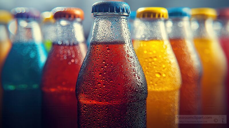 A variety of cold fruit waters, teas, and sodas are displayed, glistening with condensation. Perfectly chilled drinks await to quench thirst during hot summer days.