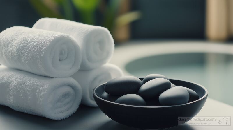 Soft white towels are neatly rolled and placed beside a bowl of smooth spa stones, creating a tranquil atmosphere ideal for relaxation and wellness. The setting promotes a sense of calm.