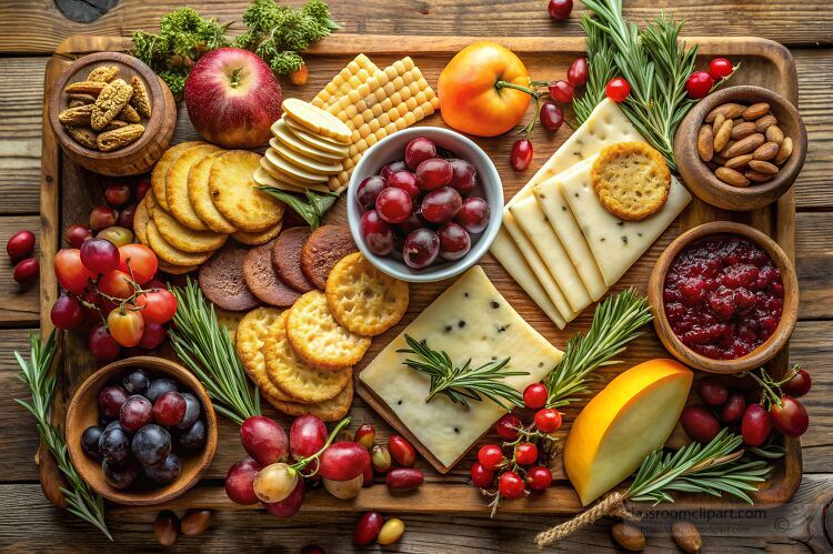 rustic charcuterie board filled with an assortment of cheeses cr