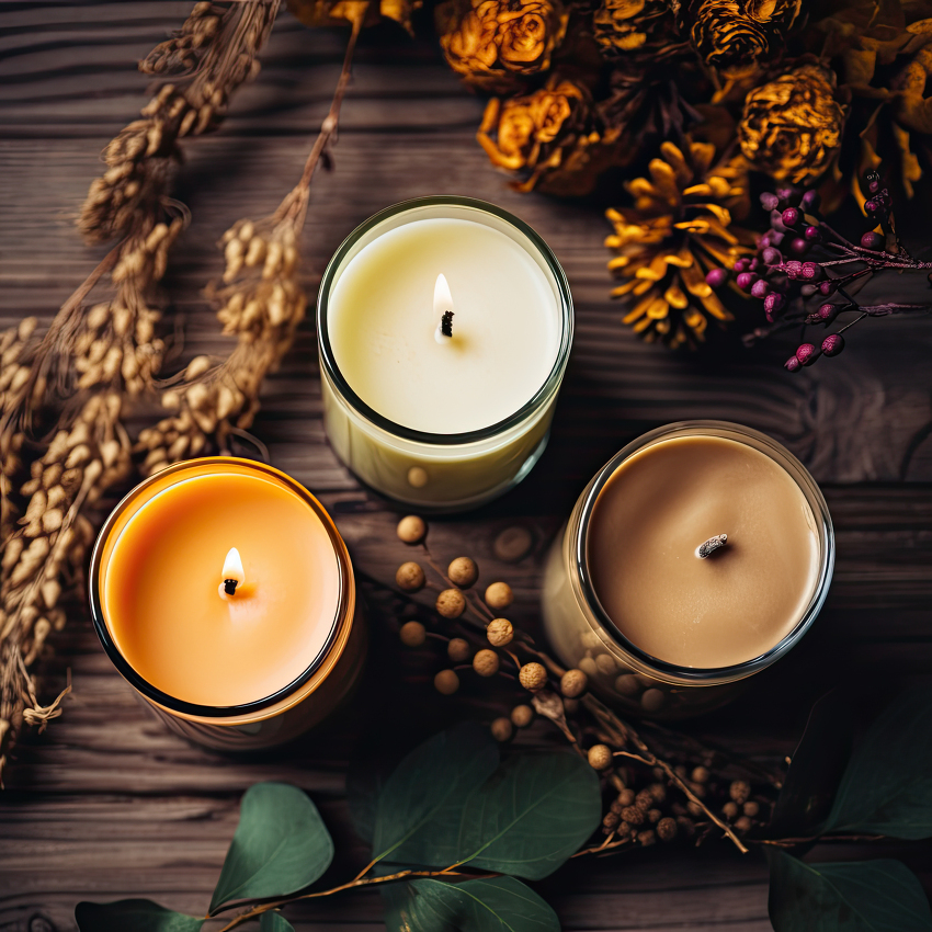 rustic wooden tabletop adorned with burning candles of different