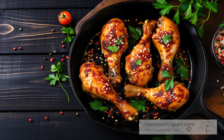 Savory roasted chicken legs with sesame and herbs in a black skillet