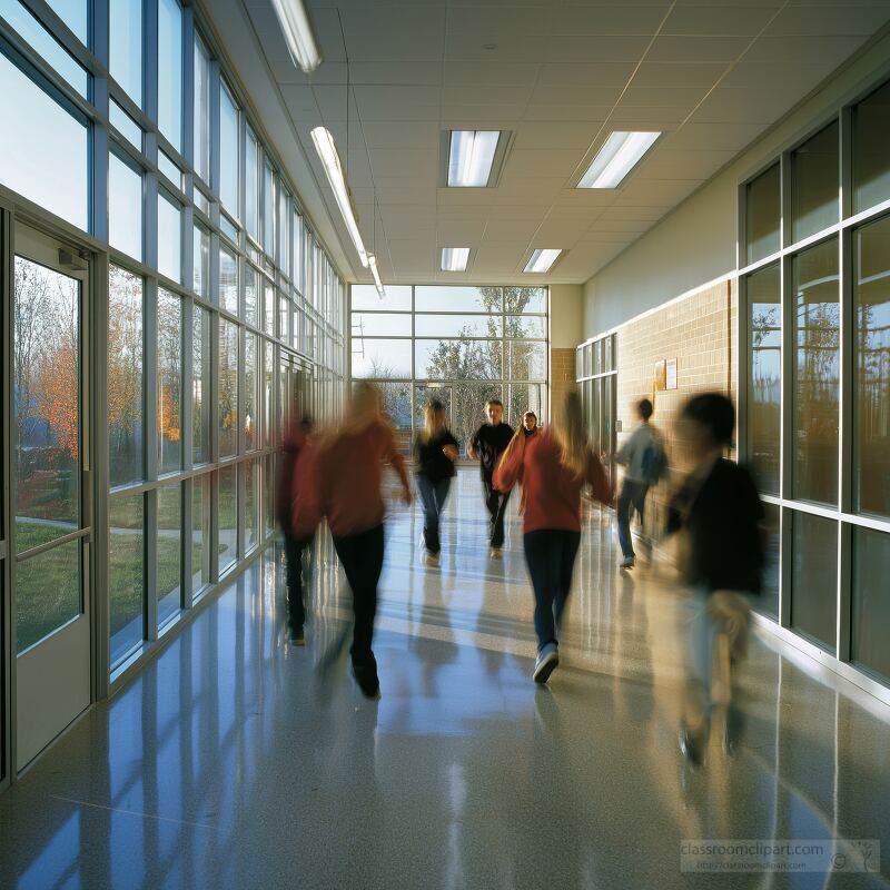 Elementary school students run energetically through a bright hallway, showcasing excitement and energy during a lively break. Sunlight filters through large windows.