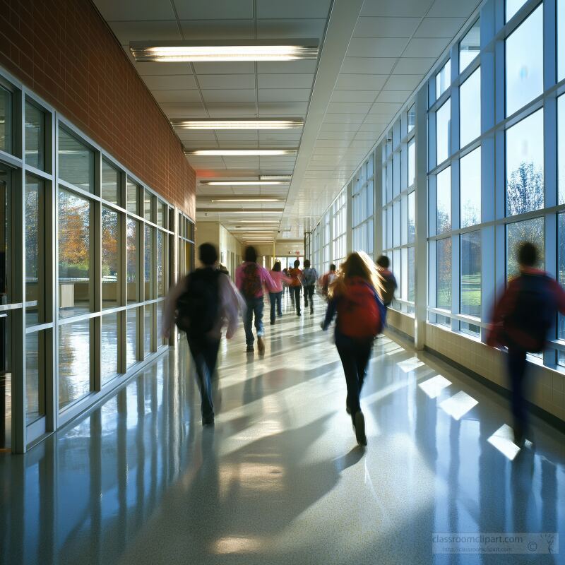 School Kids Running in Lively Elementary Hallway