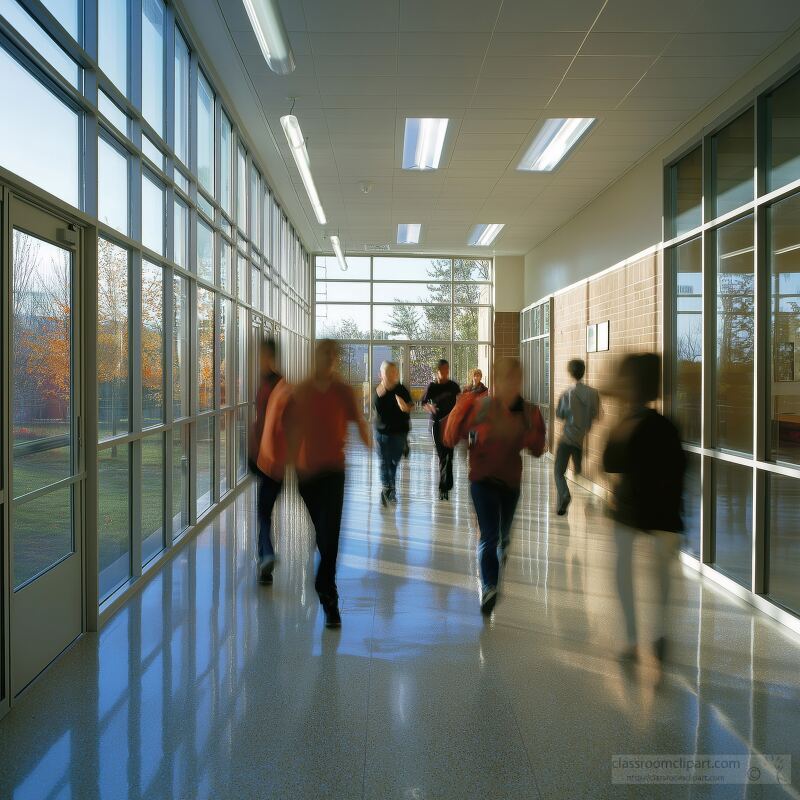 School Kids Running Through the Hallway During Lunchtime