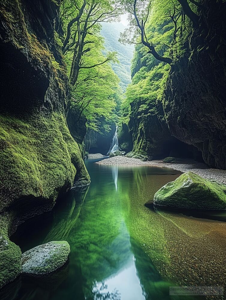 Serene Green Canyon With Tranquil Waters in Morning Light