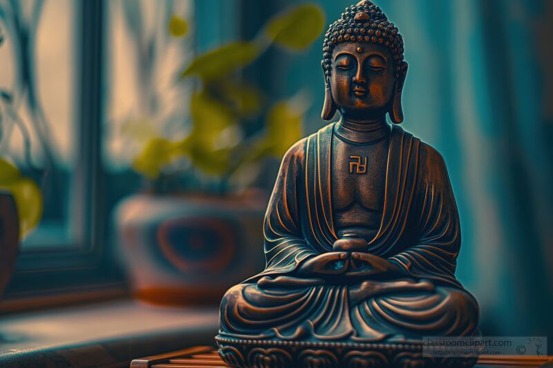 A small, intricately detailed Buddha statue sits peacefully on a wooden table. Soft light filters through a nearby window, highlighting its calming presence and intricate craftsmanship.