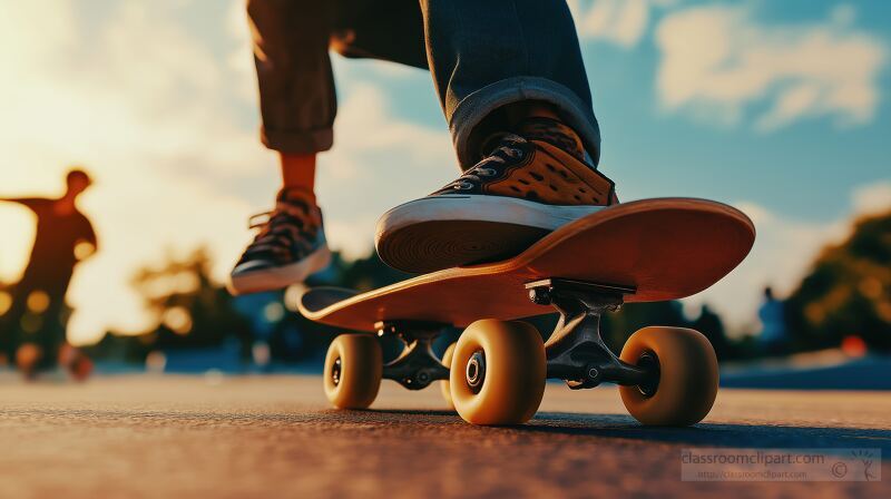 Skateboarder performing tricks during sunset at a local park with friends in the background