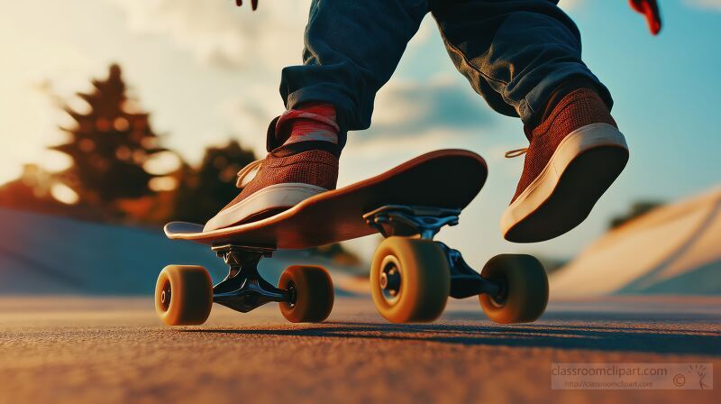 Skateboarder performs tricks at sunset in a skate park with vibrant skies and clear landscapes