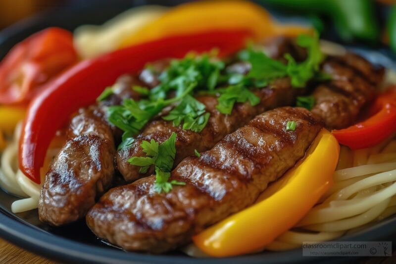 Close up view of a black plate featuring tender grilled steak slices garnished with fresh green herbs.