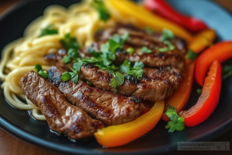 A close up view of sliced grilled steak seasoned with herbs, served over a bed of noodles and garnished with colorful bell peppers and onions, all enhanced by warm lighting for an inviting look.