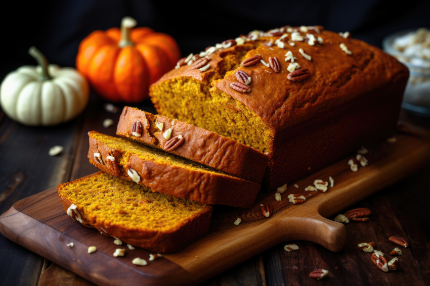 sliced pumpkin bread reveals a soft spicy crumb