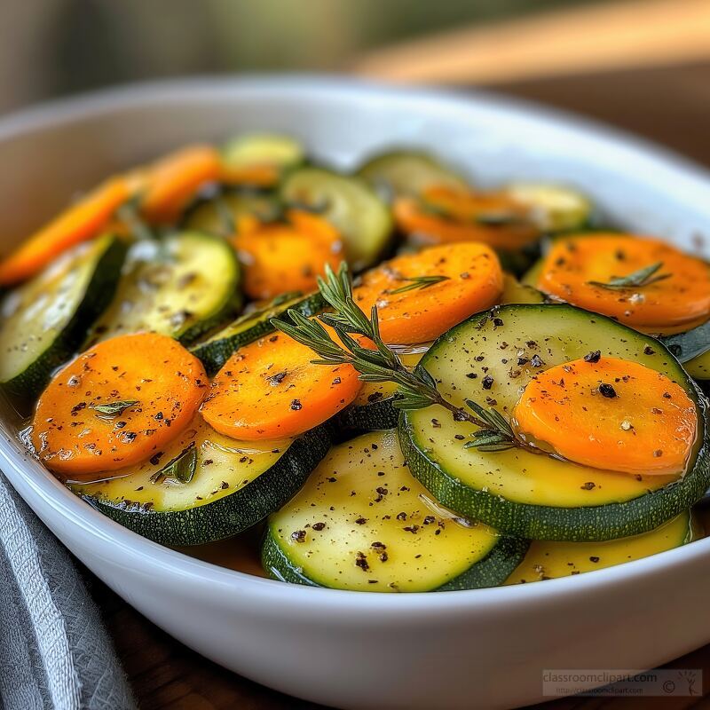 Freshly sliced zucchini and vibrant carrots are marinated in a flavorful vinaigrette, garnished with herbs. The dish showcases a colorful, healthy option perfect for any meal.