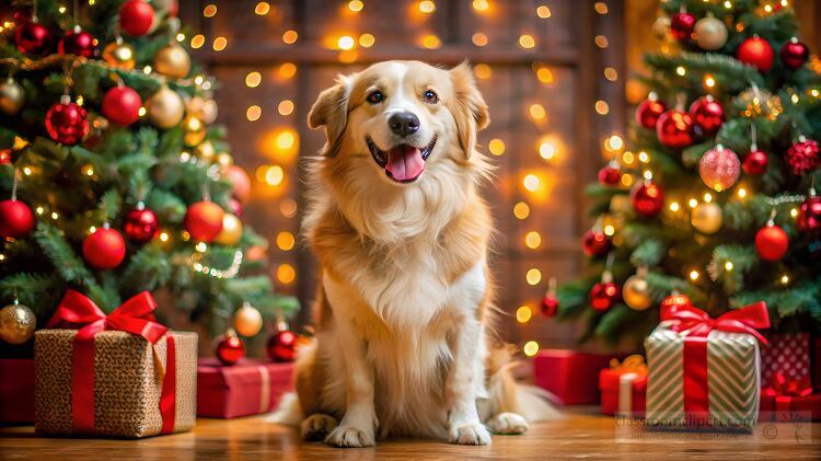 Smiling family dog sitting in front of a Christmas tree