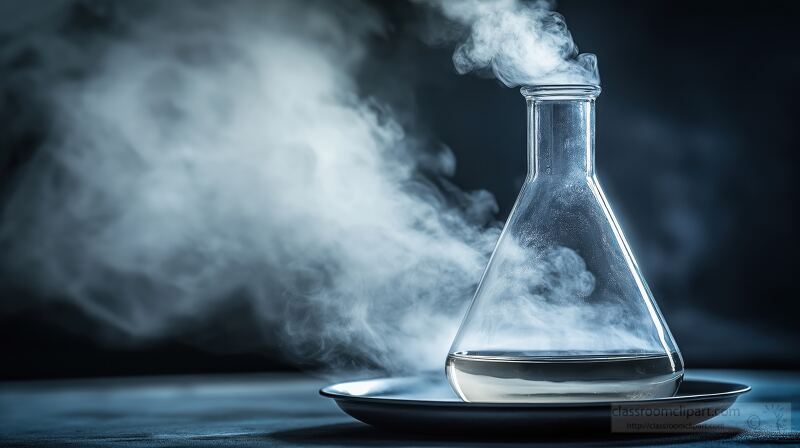 Smoke rises from a chemical flask on a plate, showcasing a laboratory experiment in progress