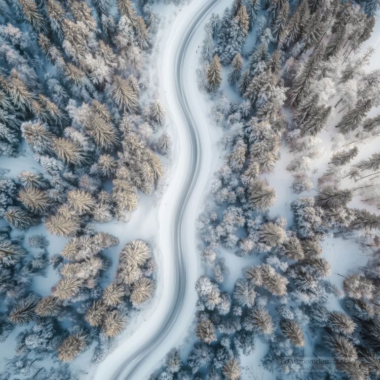 snow dusts the tops of pine trees alongside a winding road