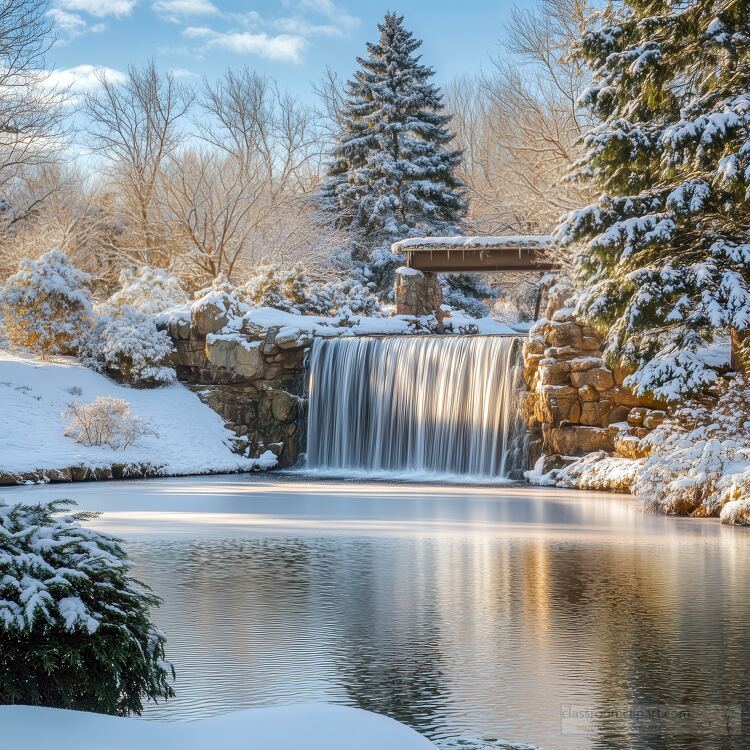 Snow on trees surrounding a peaceful waterfall