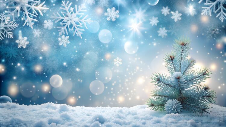 snowy background with snowflakes and a small Christmas tree